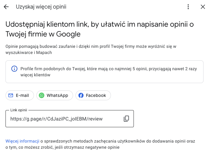 Generowanie linku do opinii Google Moja Firma w Google Maps