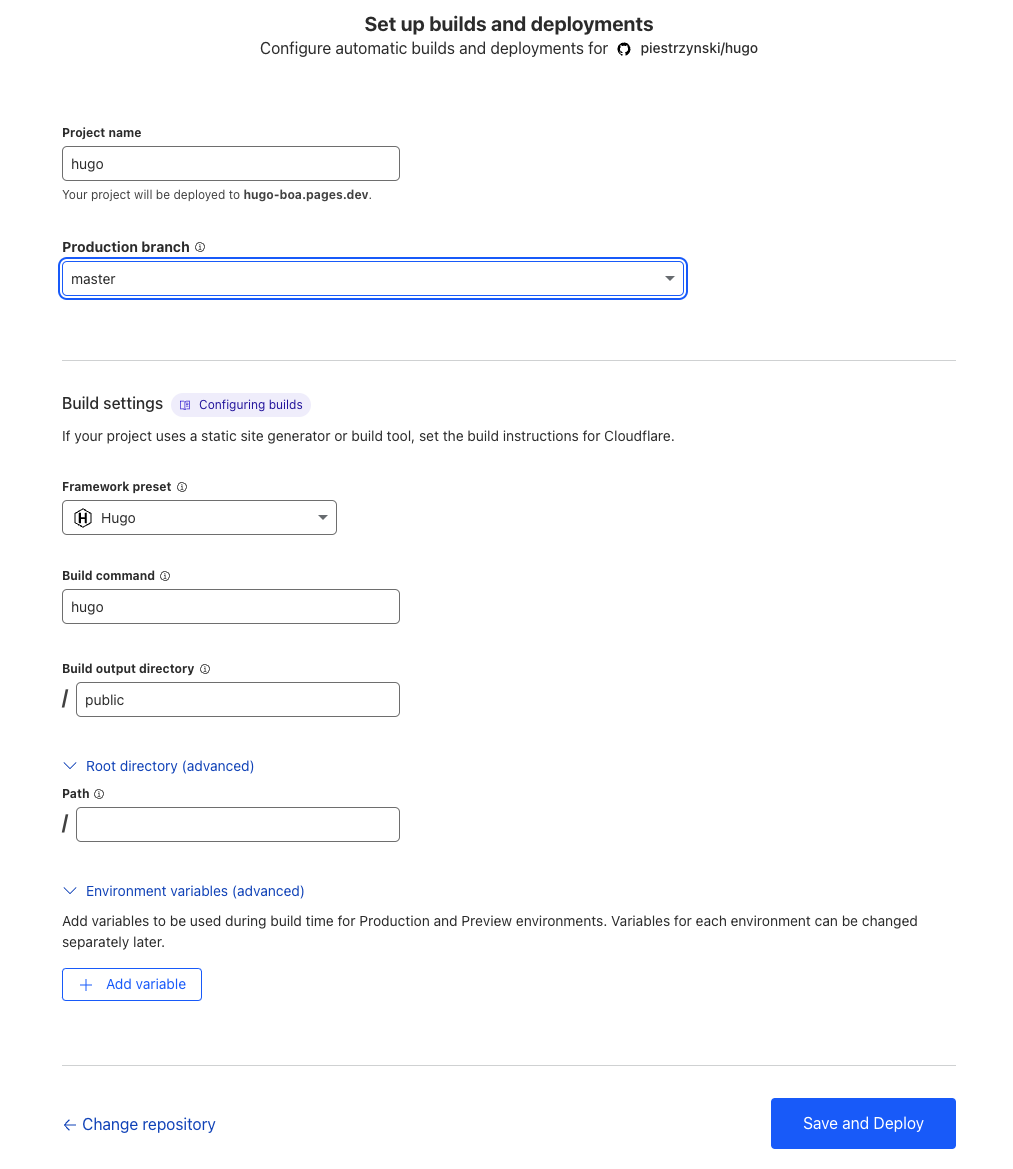 Konfiguracja Hugo w CloudFlare Pages