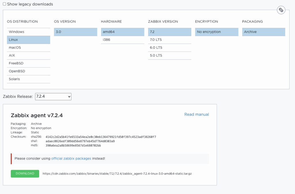 Wybór Agenta Zabbix do systemu.