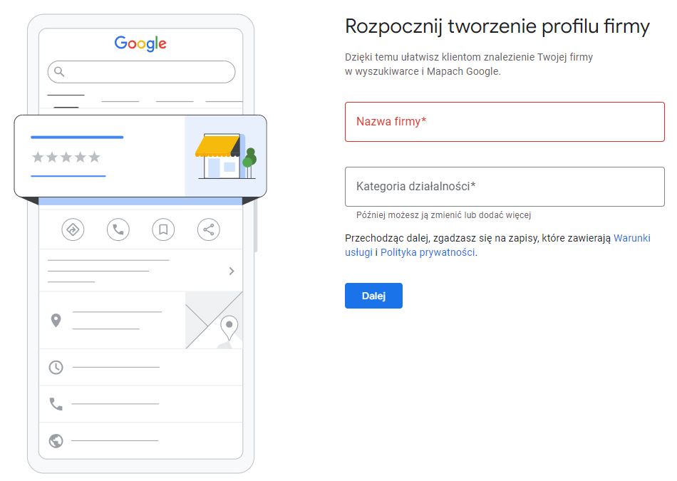 Nazwa profilu firmy w Google formularz