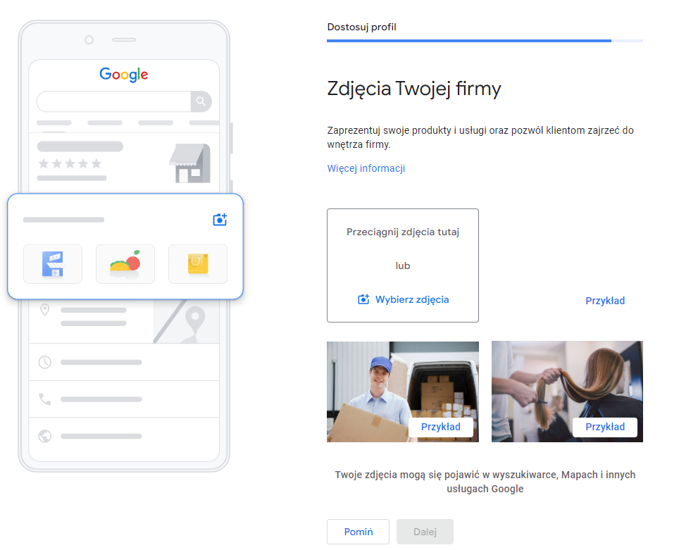 Zdjęcia i grafiki w Google Maps w profilu firmy.