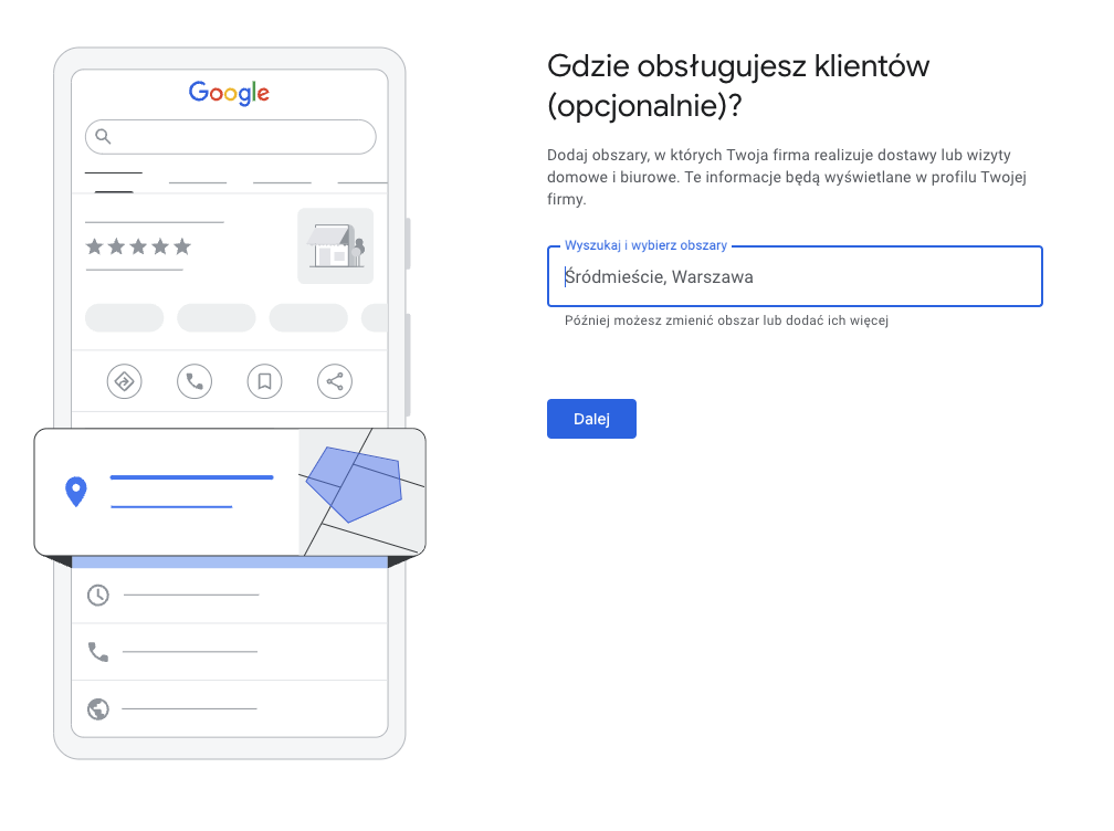 Obszar zakresu Wizytówki Google Moja Firma