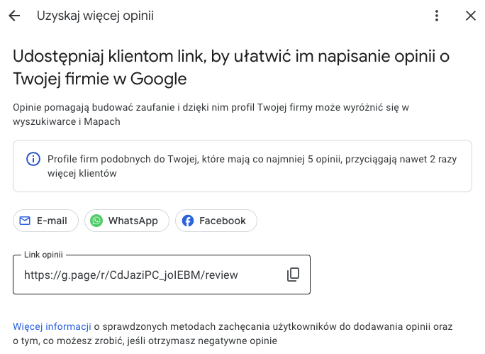 Link do wystawiania ocen w Google Moja Firma