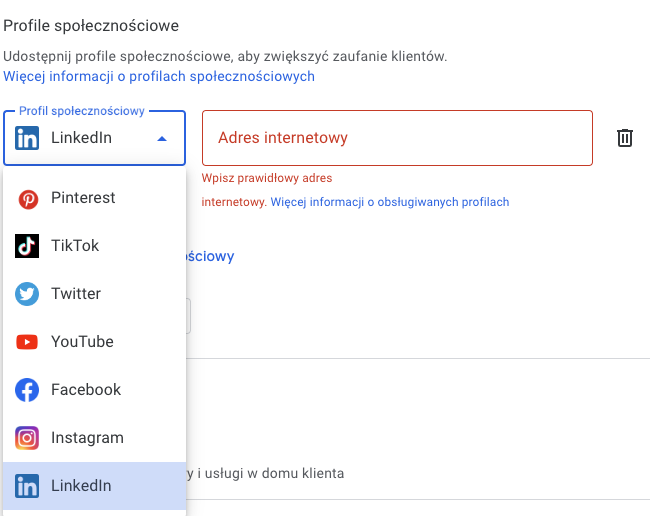 Profile społecznościowe na wizytówce Google Moja Firma