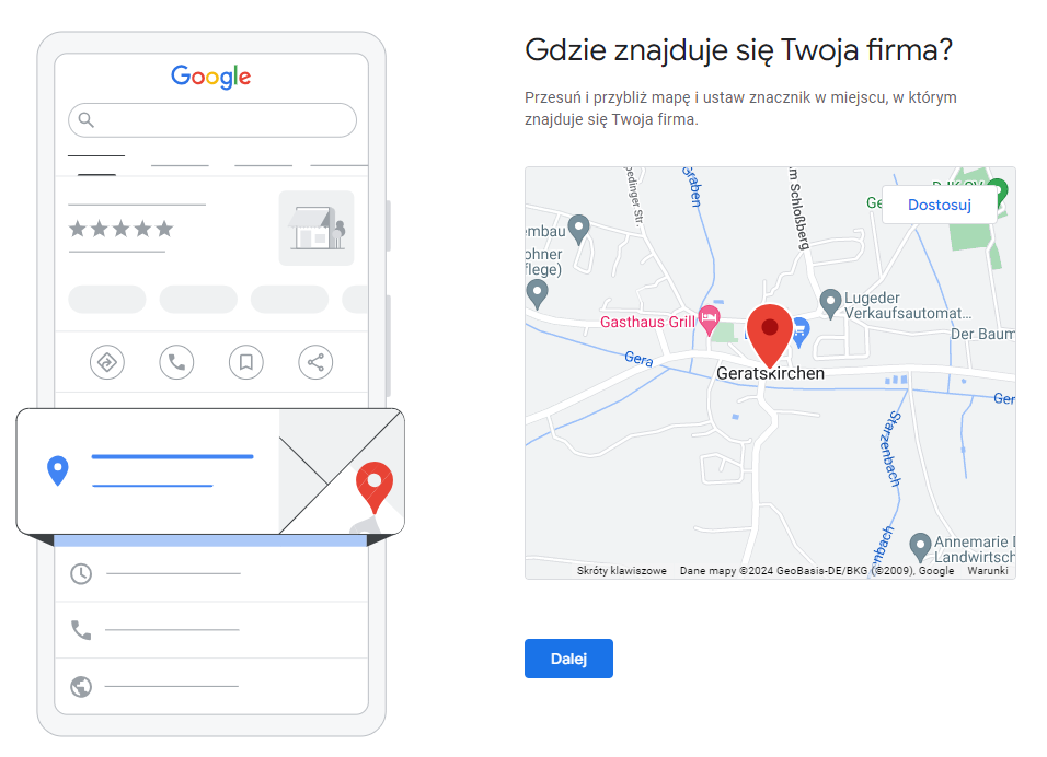 Prośba o wskazanie pinezką adresu na mapie google